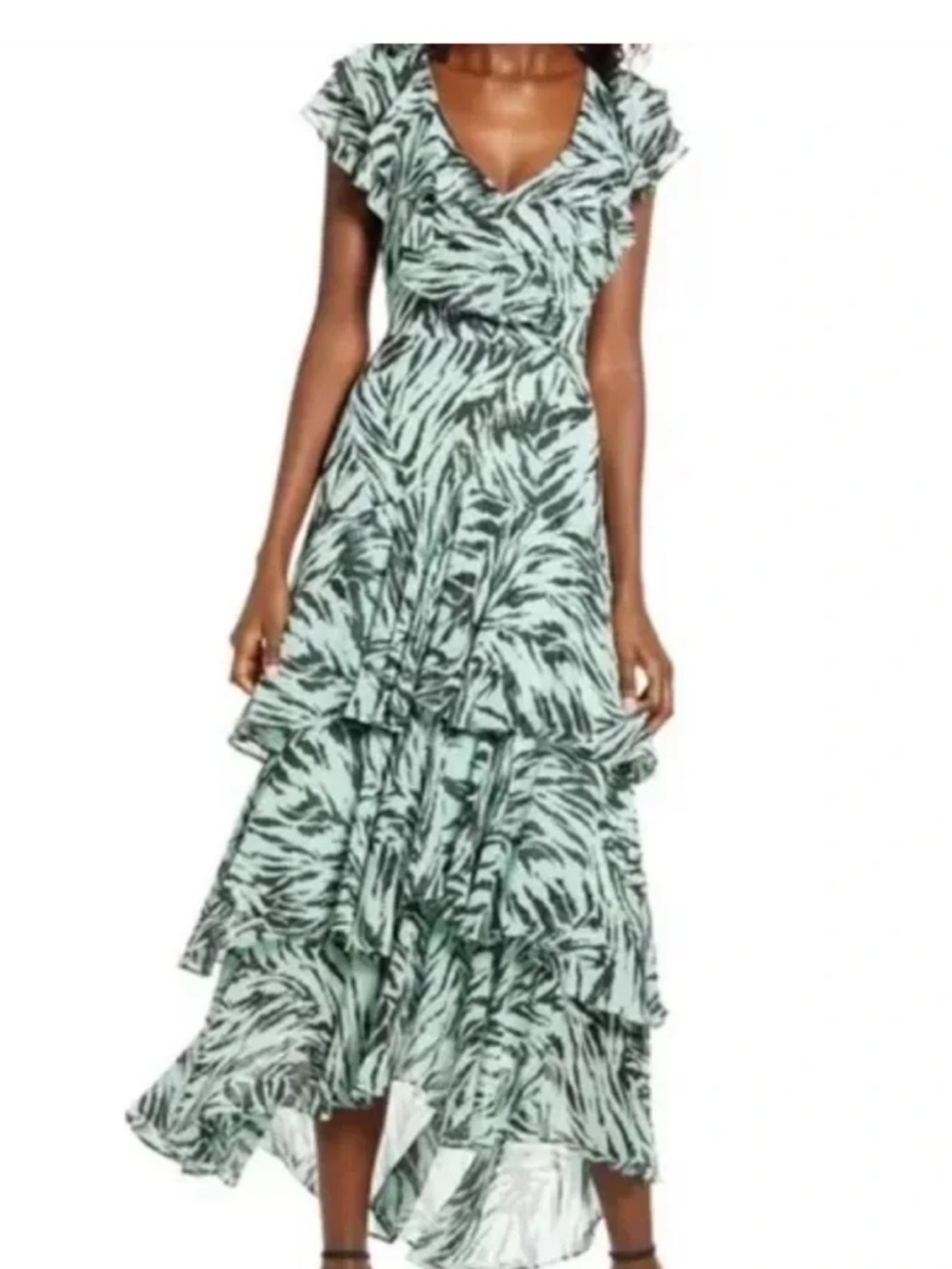 Wayf Mint Zebra-Print Tiered Ruffle Maxi Dress